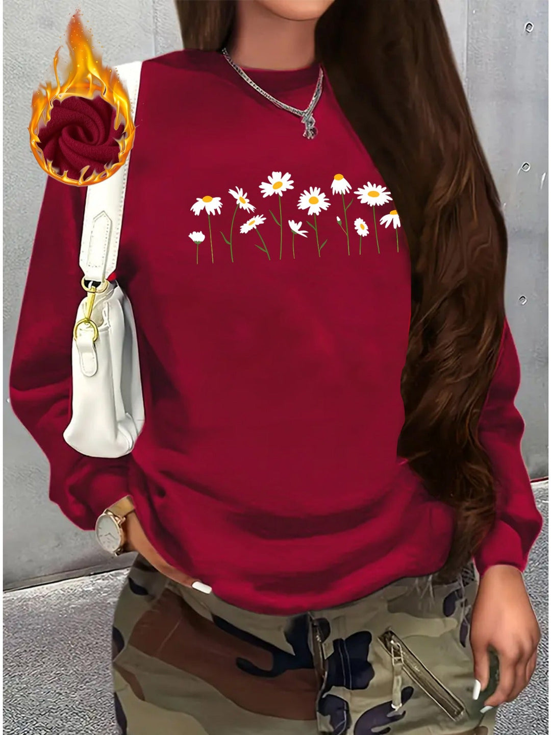 Long-Sleeve Fleece Sweatshirt with Chrysanthemum Print