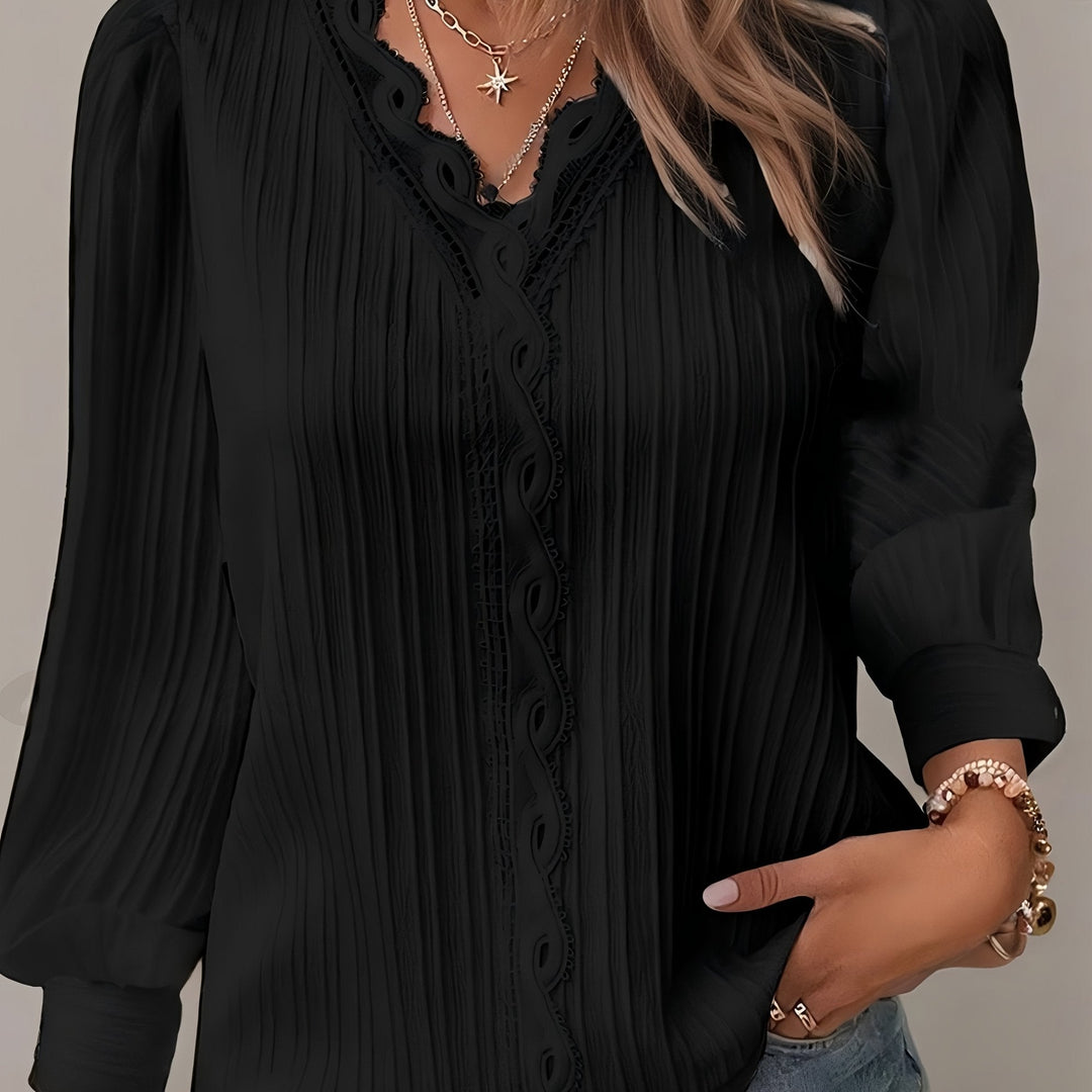 Elegant Lace Trim Blouse | Chic V Neck, Long Sleeve