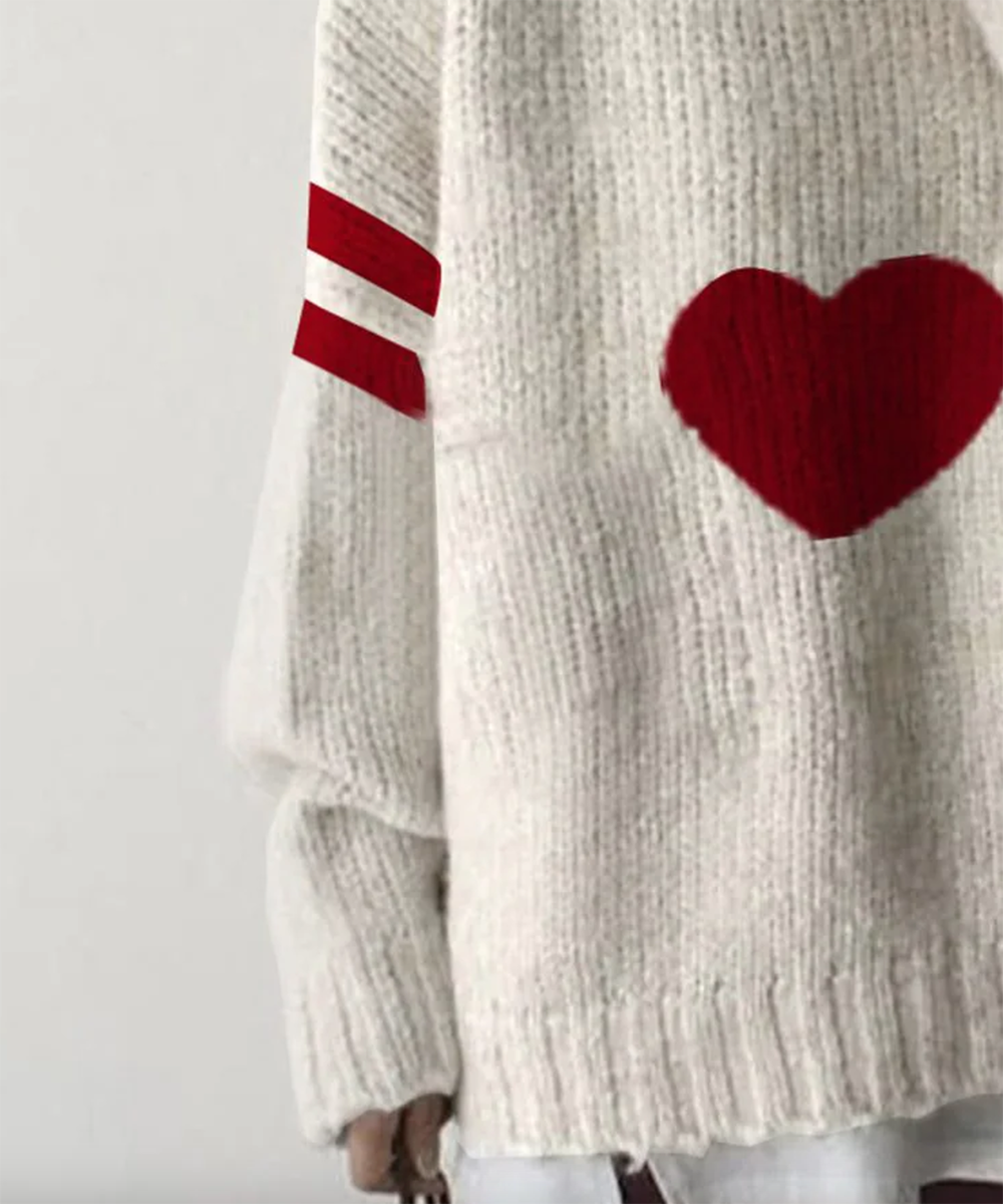 Elegant Red Heart Print Round Neck Sweater