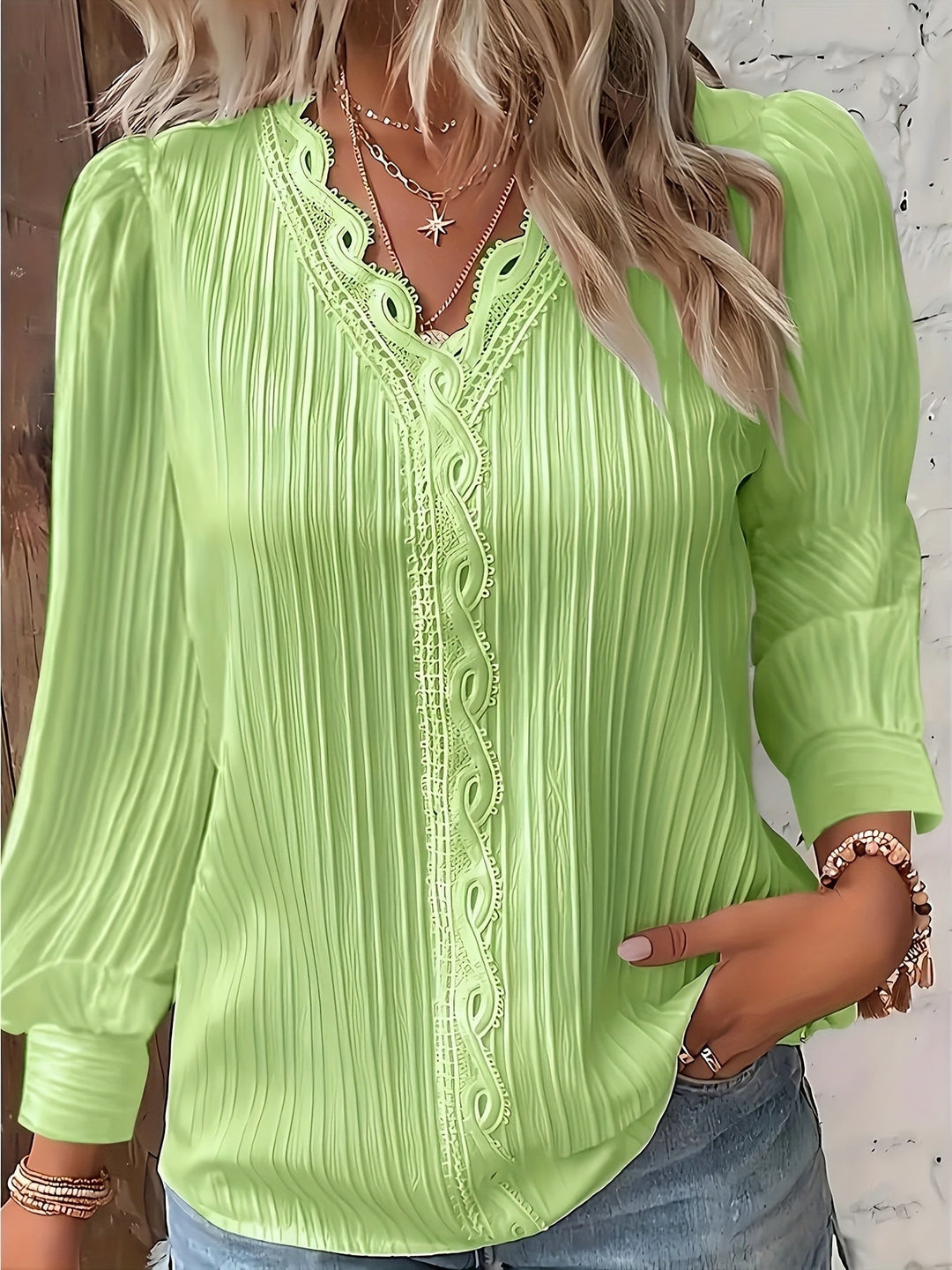 Elegant Lace Trim Blouse | Chic V Neck, Long Sleeve