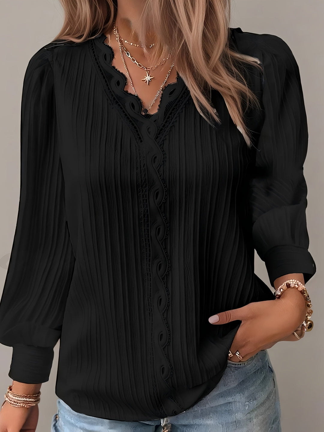 Elegant Lace Trim Blouse | Chic V Neck, Long Sleeve