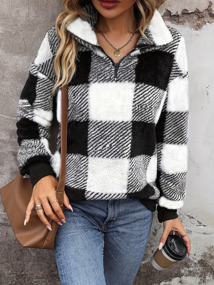 Sara – Soft Pink & White Plaid Teddy Fleece Sweatshirt