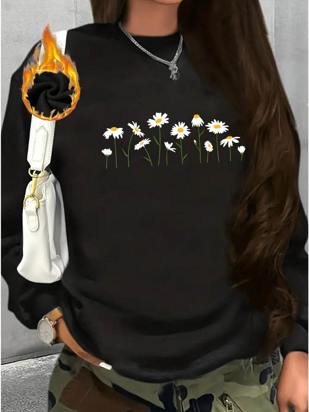 Long-Sleeve Fleece Sweatshirt with Chrysanthemum Print