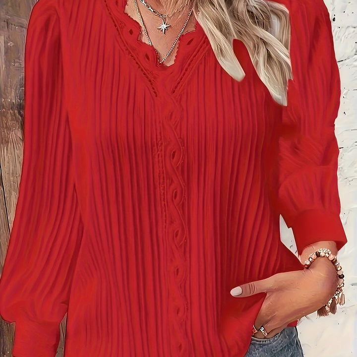 Elegant Lace Trim Blouse | Chic V Neck, Long Sleeve