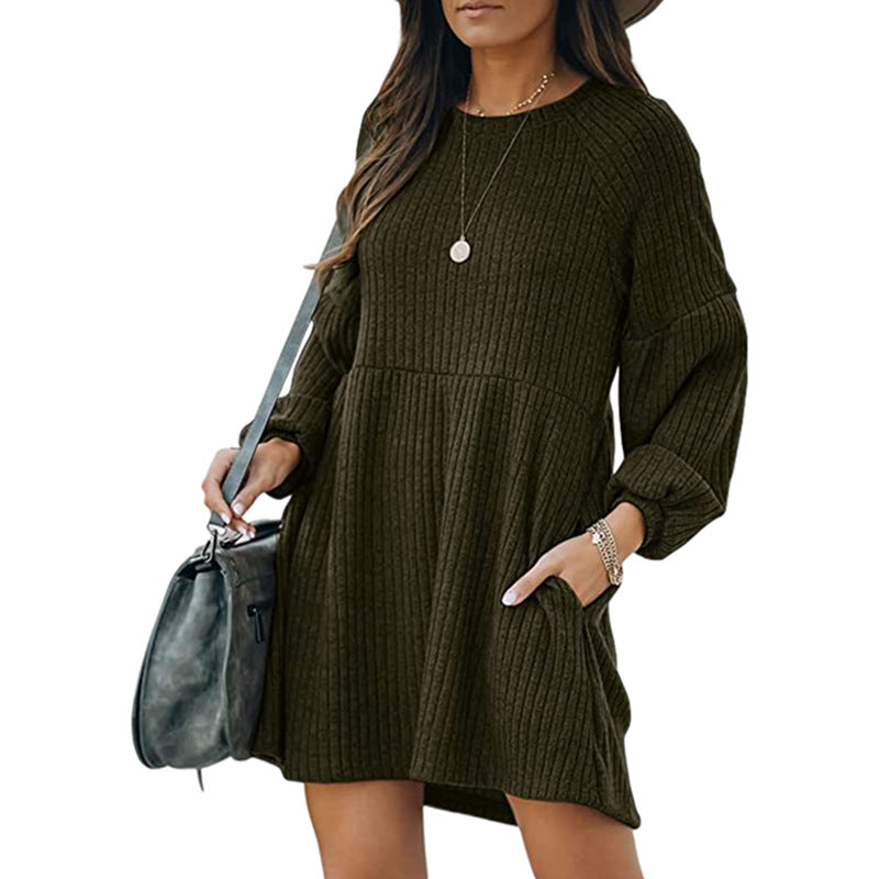 SAKA™ - Cozy Ribbed Bishop Sleeve Round Neck Mini Dress
