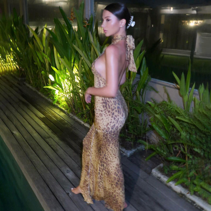 SABINA™ - Graceful Leopard Backless Sleeveless Maxi Dress