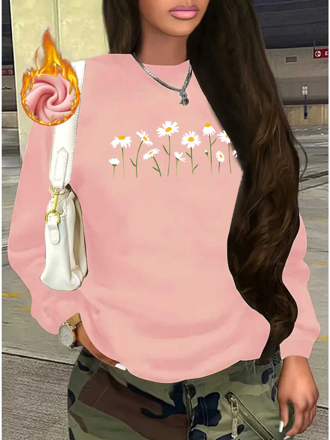 Long-Sleeve Fleece Sweatshirt with Chrysanthemum Print