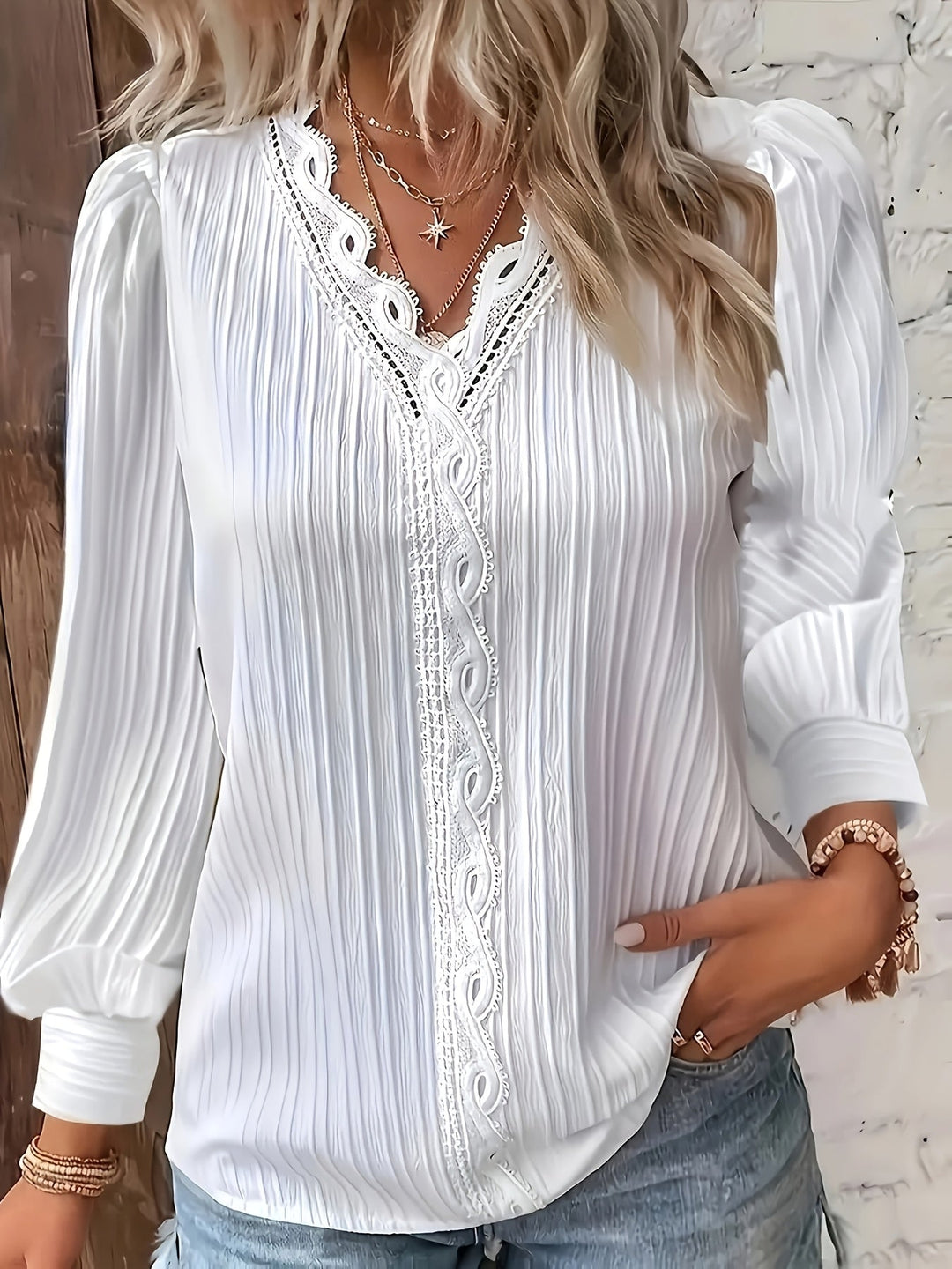 Elegant Lace Trim Blouse | Chic V Neck, Long Sleeve