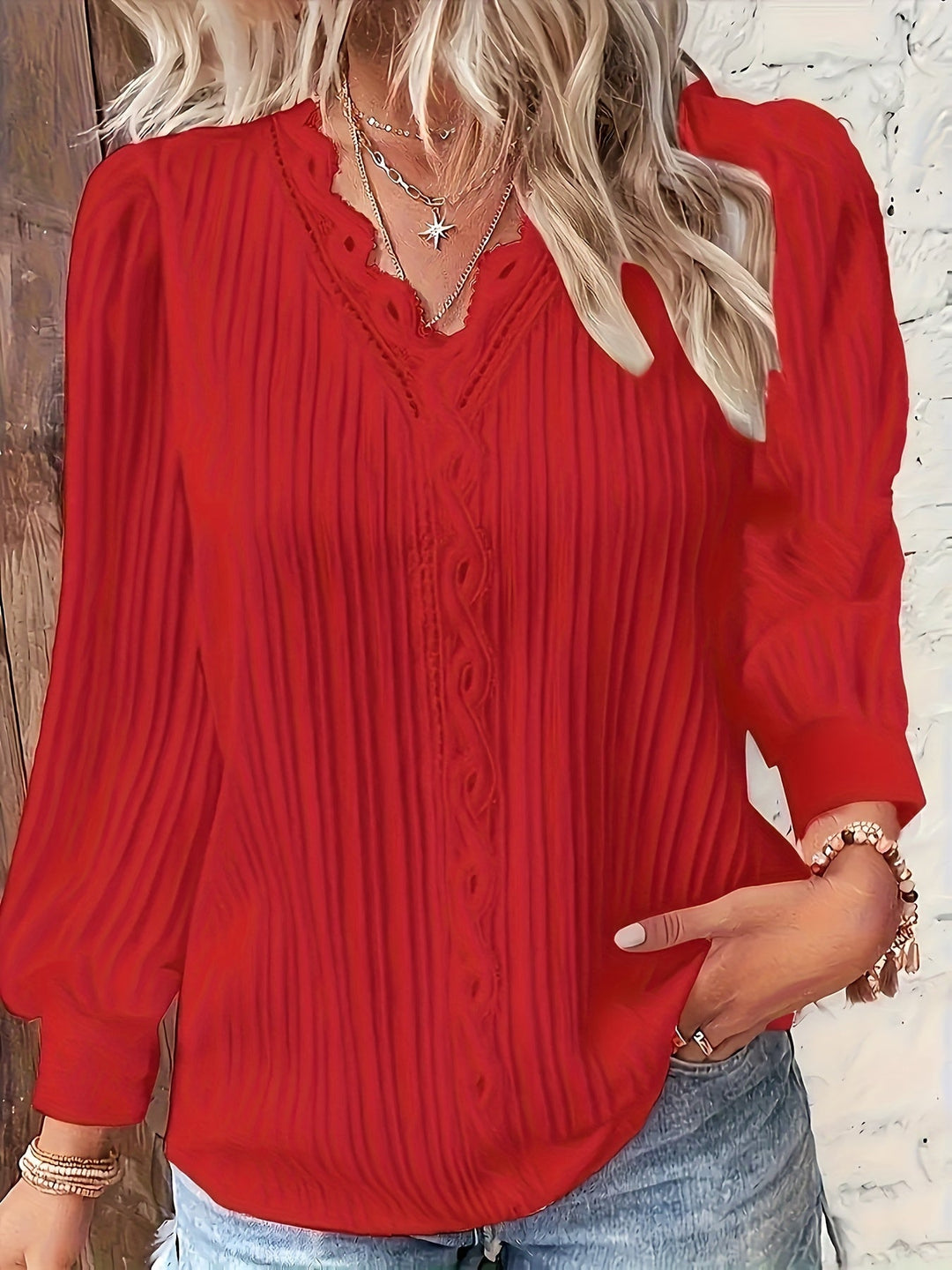 Elegant Lace Trim Blouse | Chic V Neck, Long Sleeve